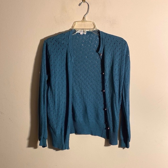 Unknown Brand Sweaters - Vintage Cerulean Blue Eyelet Knit Cardigan